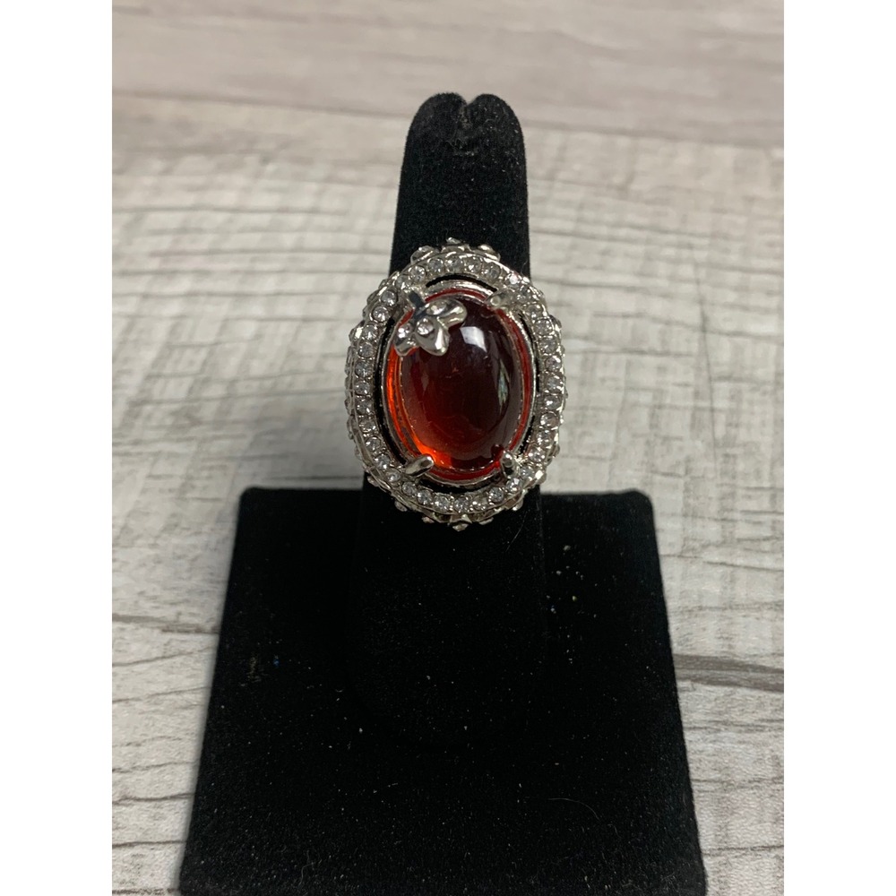 Vintage Style Red Cabochon‎ Statement Ring Silver Tone Rhinestone Halo Size 7.5